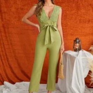 SHEIN Eyelet Embroidered Backless Belted Jumpsuit
